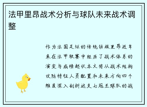 法甲里昂战术分析与球队未来战术调整