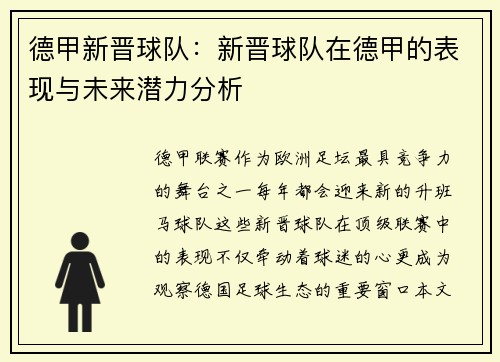 德甲新晋球队：新晋球队在德甲的表现与未来潜力分析
